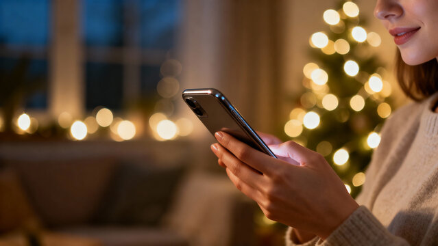 Woman using smartphone while sitting indoors by Christmas tree lights, symbolizing online shopping, space for text
  