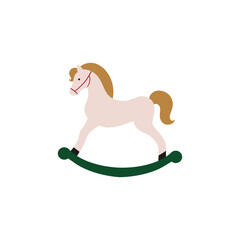 Christmas rocking horse. New year rocking horse with gifts. Merry Christmas. New Year. Xmas. Flat vector cartoon illustration. Wooden toy pony for design holiday decor, new year, greeting card. Horse 