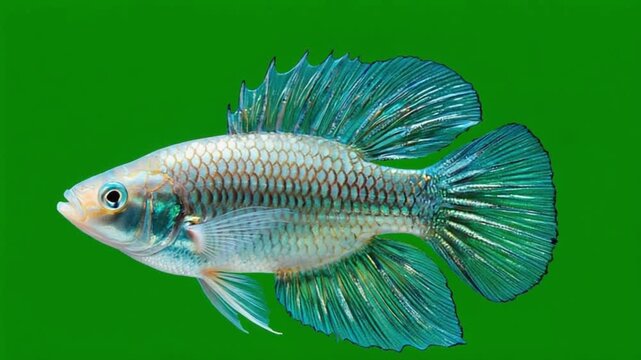 Isolated ram cichlid fish with blue fins and scales on a green background studio shot close up view green screen fish video