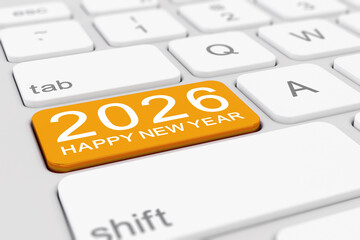 3d render of a white keyboard with a yellow key and the inscription 2026 - happy new year - represents the new year 2026 - vacation concept.