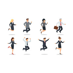 Diverse Group of Business Professionals Joyfully Jumping in Celebration and Success, Dynamic Flat Illustrations