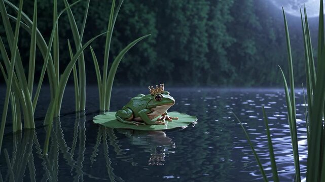 A whimsical video scene of a frog with a crown on a lily pad. Low-angle shot captures serene water and lush forest backdrop, evoking fairy tale charm.