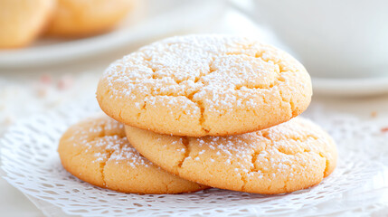 Delicious golden cookies dusted with powdered sugar, perfect for a sweet treat or accompanying your favorite beverage.