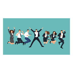 Diverse group of business professionals jumping joyfully against a teal background celebrating success and teamwork