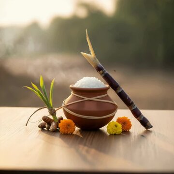 video of a traditional pongal pot filled with rice and sugarcane, turmeric, and marigold flowers on a wooden table, celebrating the harvest festival