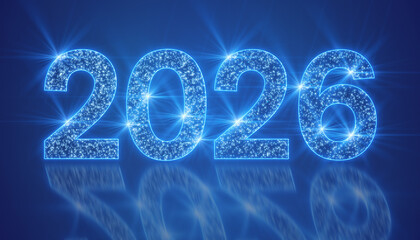 Illustration of abstract neon light with the numbers 2026 on a reflective floor against a blue background - represents the new year - vacation concept.