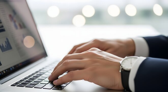 Close-up of a business professional's hands diligently typing on a modern laptop keyboard engaged in data analysis and strategic planning in a dynamic corporate environment