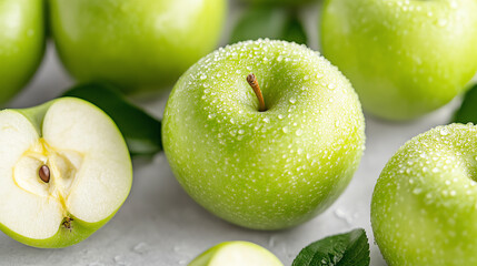 Fresh green apples glistening with moisture, perfect for healthy recipes or vibrant food photography.