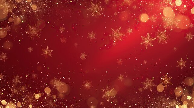 A red background with falling snowflakes, golden lights, and a deep red gradient, creating a Christmas/New Year festive atmosphere, leaving ample space for text or graphics.