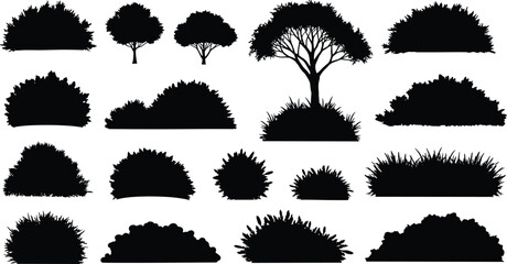 Tree silhouettes, bush shapes, black foliage, nature icons, landscaping design, botanical elements, vector trees, shrub graphics, garden art, vegetation set