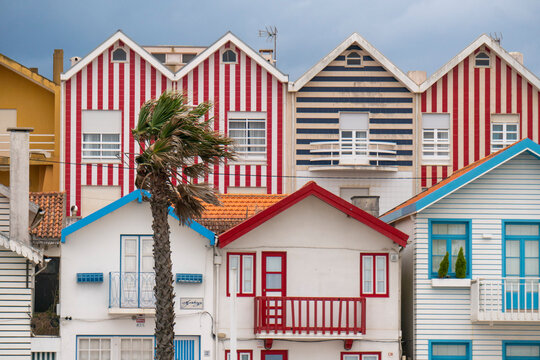 Typical colorful houses in the Costa Nova area, Aveiro, Costa Nova houses, Portugal