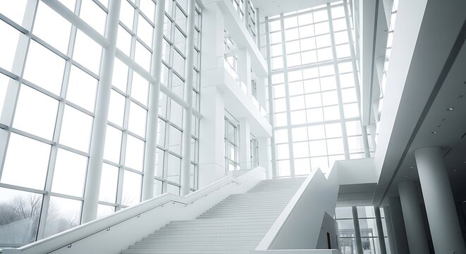 Modern White Building Interior With Grand Staircase And Large Windows architecture