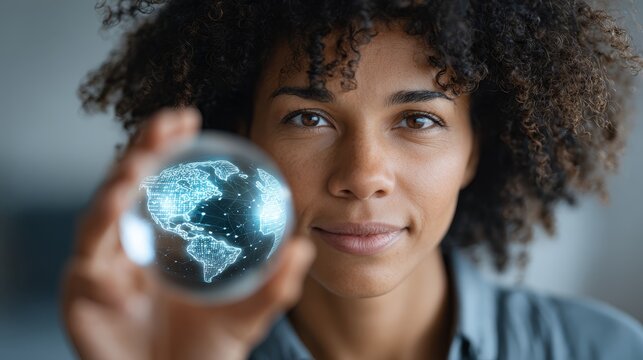 Smiling woman and child holding the globe with hands for global environment protection