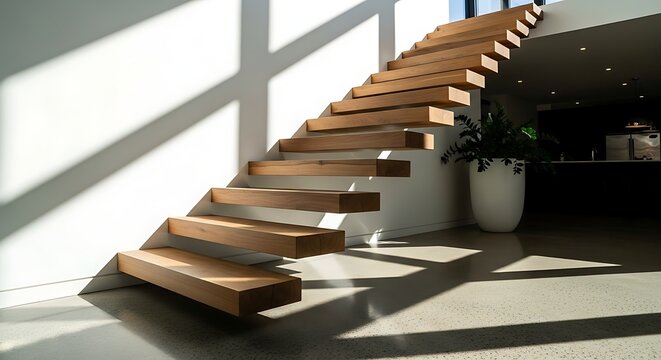 Modern Floating Wooden Staircase with Sunlight stairs - Powered by Adobe