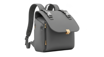 Modern grey backpack with gold and silver buckle detail, isolated on transparent background