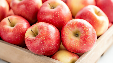Fresh, ripe apples in a wooden basket, showcasing their vibrant red color and glossy texture. Perfect for healthy snacking.