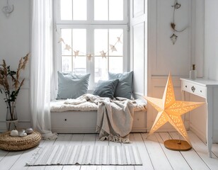 Cozy Window Seat with Pillows and Star Light for Winter Decor.