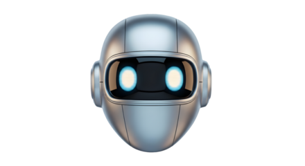 Simple 3D model of a friendly robot head with soft metallic tones, round eyes, and a digital glow. Minimalist design, isolated on white background