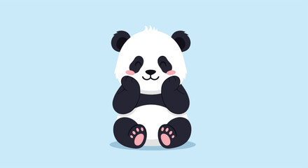 Naklejka premium An adorable pixel art baby panda cub sits with its paws on its cheeks looking very shy and cute on a soft blue background.