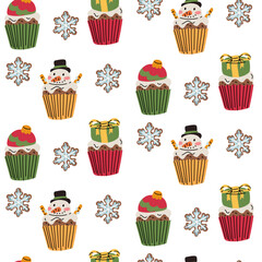 Pattern of colored flat muffins, gingerbread snowflake cookies. Creamy gift, Christmas toy, and snowman. Sweet dessert, element of seasonal Christmas design. Brightly colored isolated illustrations