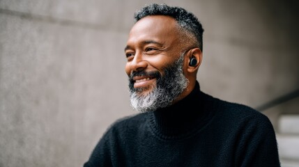 Obraz premium Handsome African American young man with a casual black shirt smiling in a close-up studio portrait