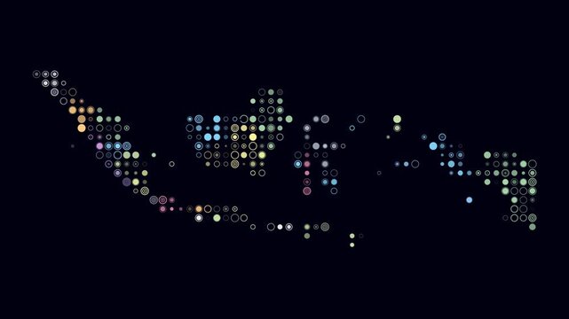Indonesia map animation. Shape of the country with pulsating colored dots. Small size circle blocks. Digital style Indonesia map on dark background. Vibrant video.