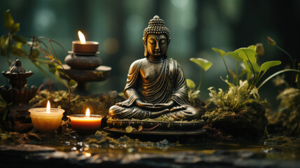 Serene Buddha statue meditating amidst flickering candles and lush greenery, evoking peace and spiritual tranquility for mindfulness moments.