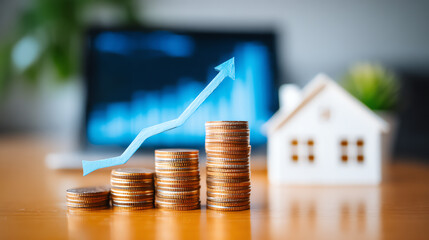 Representation of financial growth with stacked coins and a small house, symbolizing real estate investment and market trends.