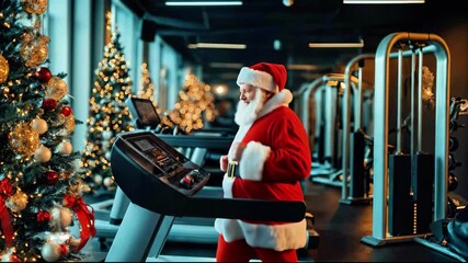 Santa Claus joyfully exercising on a treadmill in a festive gym decorated with Christmas trees, showcasing holiday spirit and fitness motivation