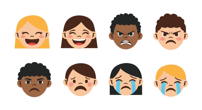 Collection of diverse cartoon faces expressing various emotions and feelings through pixel art.