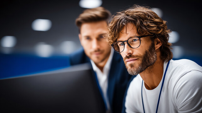Two professionals engaged in a focused discussion in a modern office setting, emphasizing teamwork and collaboration. - Powered by Adobe