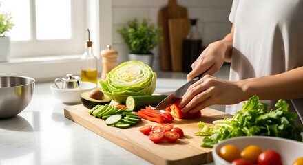 Woman preparing fresh vegetables on a wooden cutting board in kitchen.