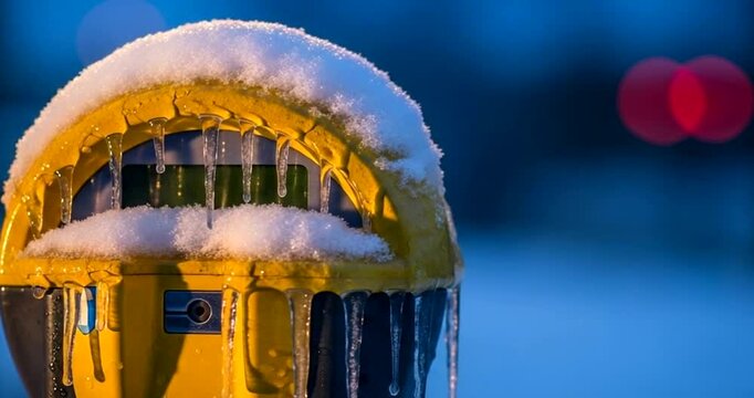 A yellow parking meter is covered in snow and icicles, with a blurred blue background suggesting a cold winter evening