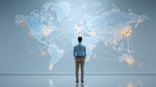 Global businesswoman touching a world map illustrating international communication and teamwork success concept