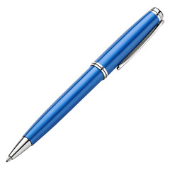 Elegant blue ballpoint pen with silver accents on black background