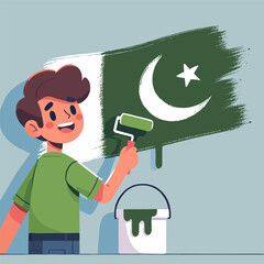 Flat Illustration of Smiling Boy Painting Pakistani Flag with Roller on Wall
