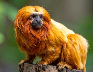 A golden primate perches atop a weathered wood, looking alert