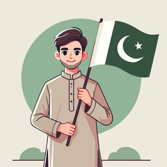 Flat Illustration of Smiling Man Holding Pakistan Flag in Celebratory Scene
