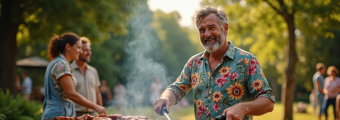Man grills meat outdoors smiling at camera. Friends and family gather in backyard patio for summer celebration. Smoke rises from grill creating cozy atmosphere of shared food and fun.