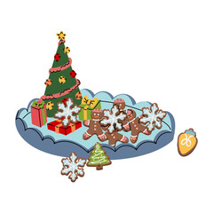sweet tray with ceramic Christmas tree, gift boxes underneath. Gingerbread men, Christmas tree, lantern, snowflakes are placed on tray. for holiday baking, cooking blogs, winter holiday decorations