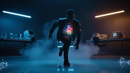 Man running sprints forward in neon studio. Runner wears glowing hologram heart on chest. Cyberpunk lighting highlights technology theme and fitness motion. Dark reflections create moody atmosphere. - Powered by Adobe