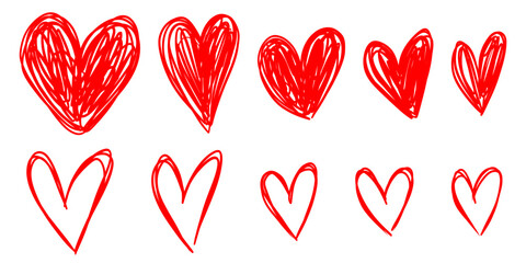 Scrawl Scribble Doodle Heart. Sketch red marker heart. Doodle hand drawn hearts. Valentine's Day set. Line art Scribble vector illustration isolated on white background.. 