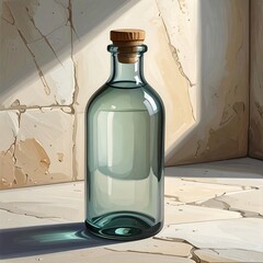 A glass bottle with liquid and a cork on a stone surface