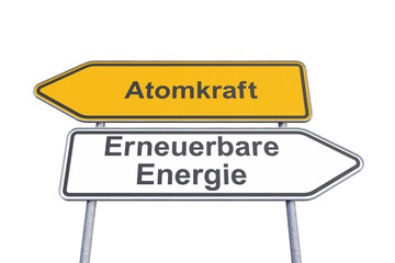 Wegweiser - Atomkraft - Erneuerbare Energie - Freisteller - Freigestellt