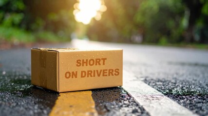 Lone cardboard box on wet road symbolizes driver shortage crisis, critical problem impacting global supply chain, disrupting logistics, transportation, and timely delivery
