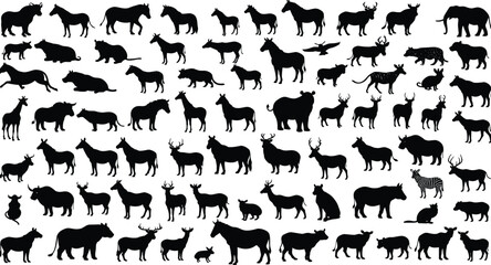 Wild animal silhouettes set, vector wildlife shapes, jungle and forest animals, mammals, nature, zoo, fauna, illustration, black design collection
