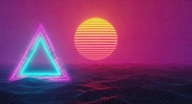 Neon Triangle Sunset Over Digital Ocean Waves