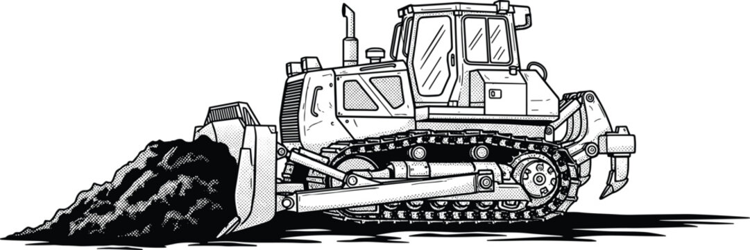 Bulldozer, construction equipment, heavy machinery, dirt pushing, industrial vehicle, excavation, earthmoving, tracked loader, engineering, site work, rugged terrain, hydraulic arms, 