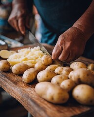 Chopping Fresh Potatoes on Wooden Board