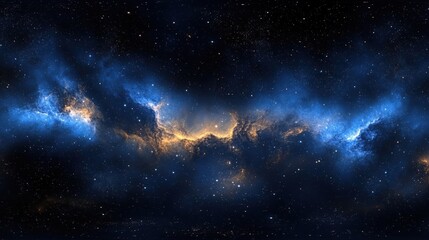 Obraz premium A stunning cosmic scene showcasing a vibrant nebula with deep blue and golden hues against a backdrop of countless stars.
